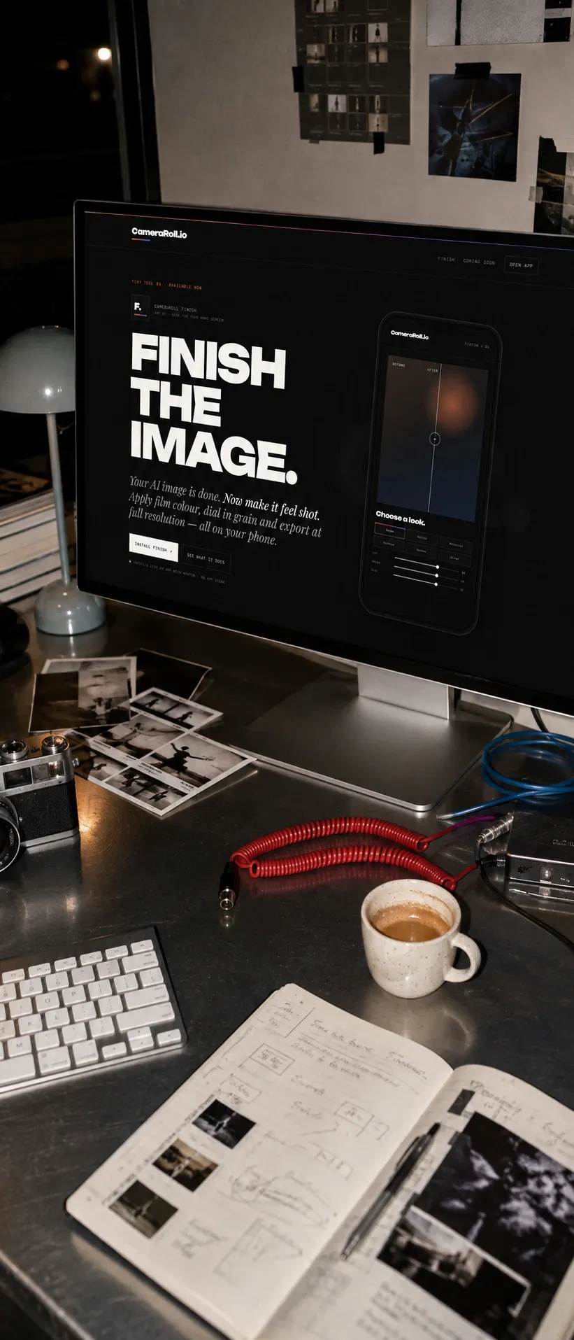The CameraRoll Finish storefront on a screen at a studio desk.